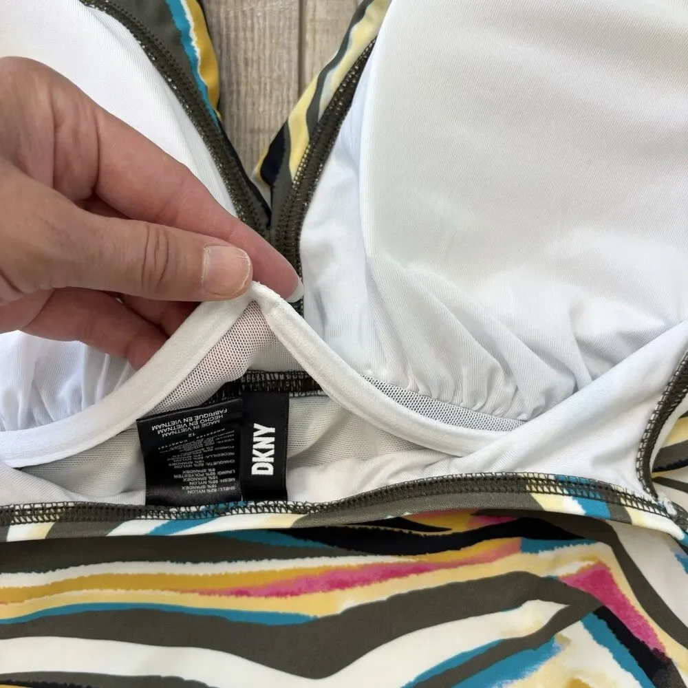 DKNY Women Ruffle One Piece Swimsuit Size 12 Colorful Ruched Tummy Control Artsy - Picture 9 of 16